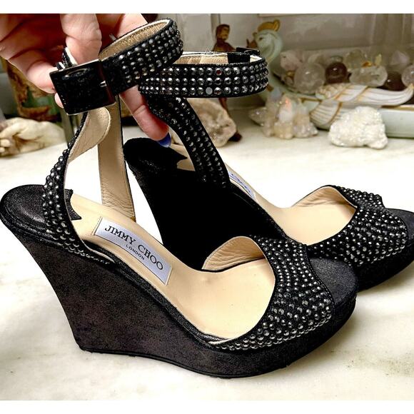 Jimmy Choo Gun Metallic Pable Crystal Hematite studs wedge sandal Heels Ankle 39 - Picture 13 of 16